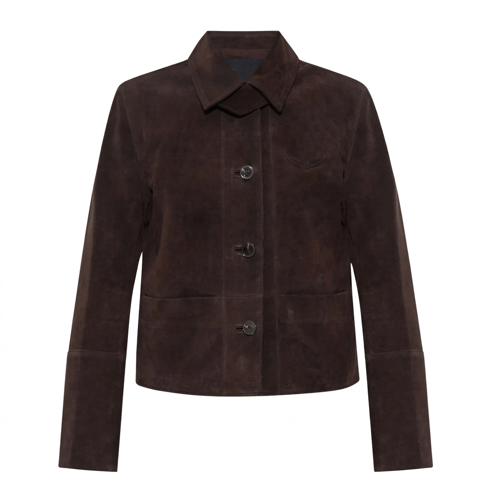 dark suede jacket with three buttons, a pointed collar, and two large front pockets.
