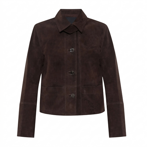 dark suede jacket with three buttons, a pointed collar, and two large front pockets.
