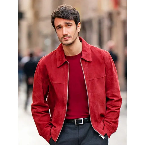 Mens Red Suede Leather Jacket Classic Zip Front Casual Bomber Coat