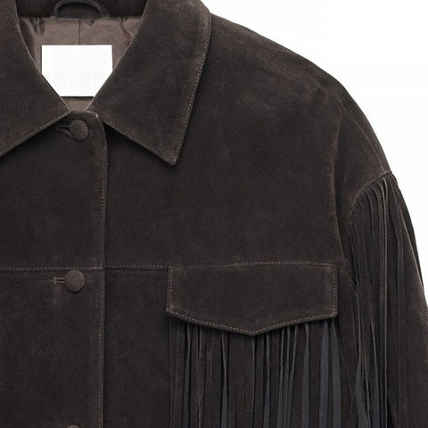 Womens Dark Brown Suede Fringe Jacket Western Cowgirl Button Front Coat