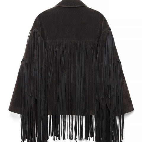 Womens Dark Brown Suede Fringe Jacket Western Cowgirl Button Front Coat