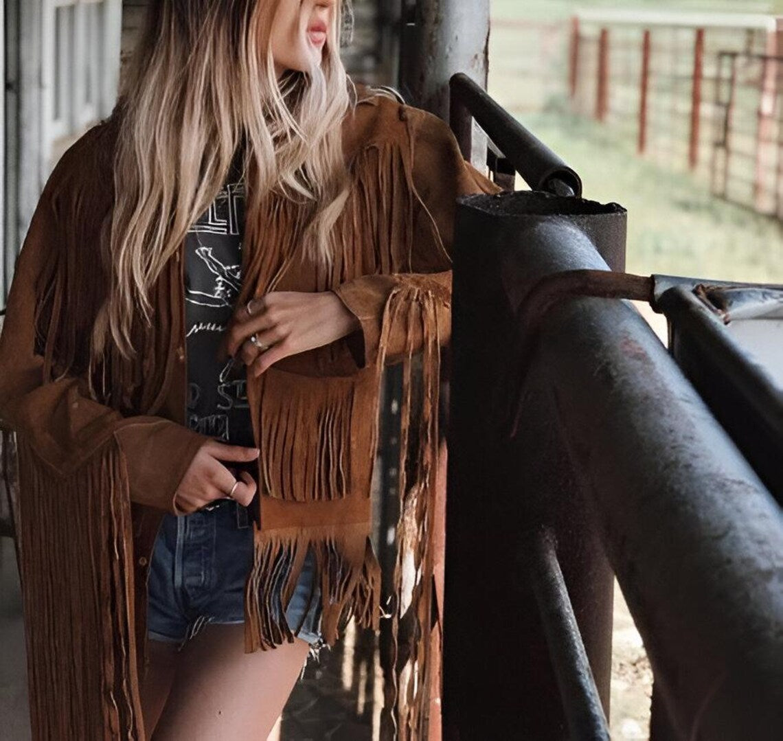 Western Suede Fringe Jacket for Women | Cowgirl Rodeo Outfit | Handmade Boho Country Fashion | Long Fringe Rustic Ranchwear Coat