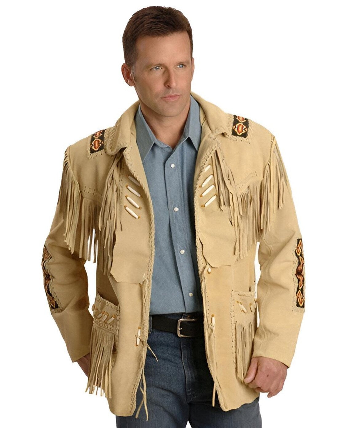 Men's Western Fringe Leather Jacket – Native American Style Cowboy Suede Coat with Beads & Bone Accents – Tan