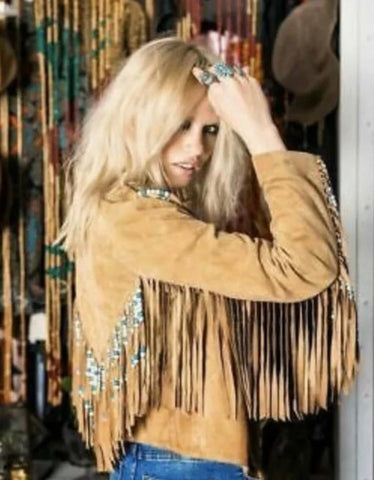 Native American Style Beaded Fringe Jacket | Tan Suede Western Jacket Women | Vintage Boho Cowgirl Outfit | Handmade Tribal Rodeo Coat | Festival Wear