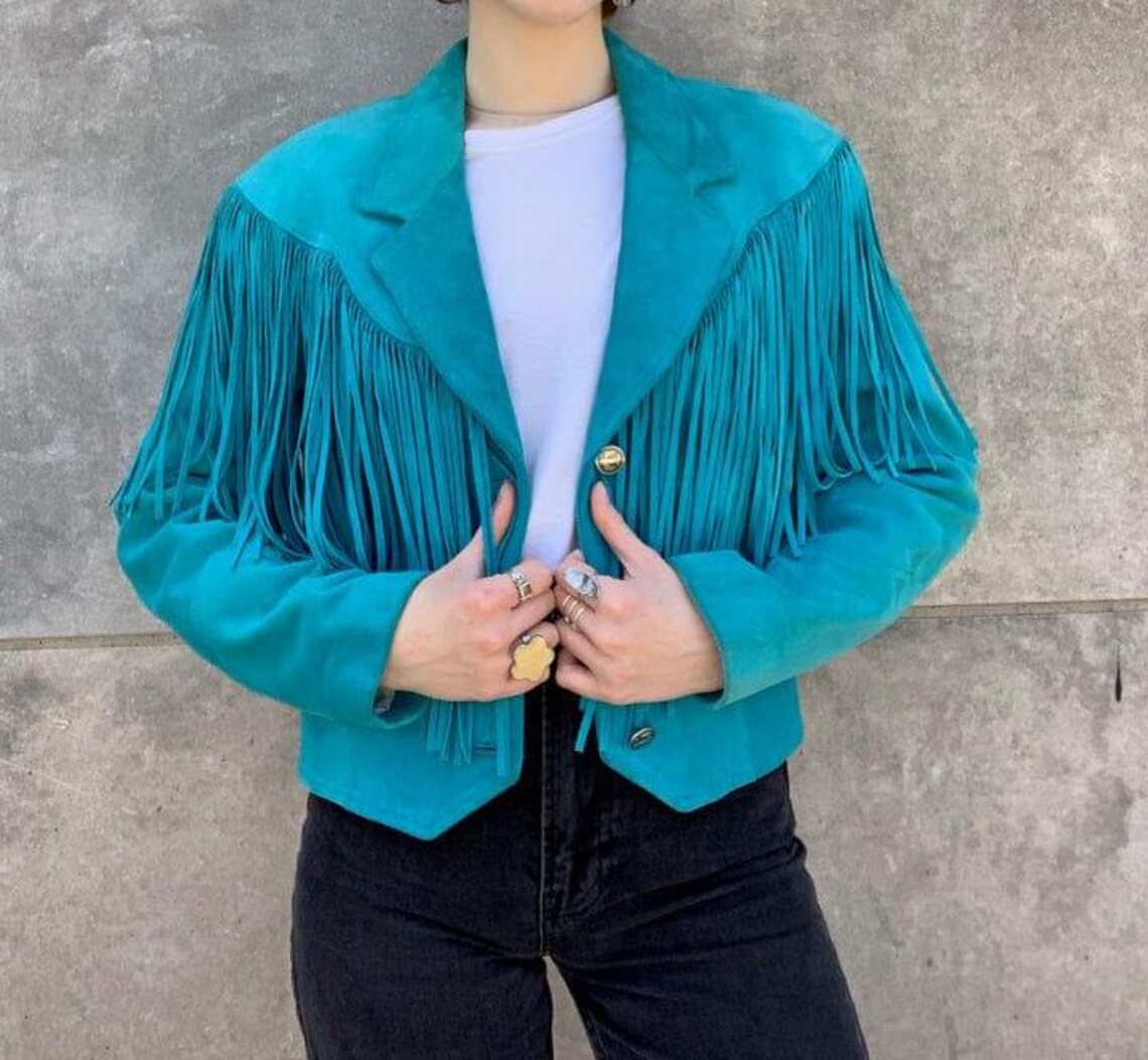 Vintage 80s Teal Suede Fringe Jacket Women | Boho Cowgirl Western Jacket | Retro Rodeo Turquoise Fringe Coat | Festival Outerwear | Southwest Style