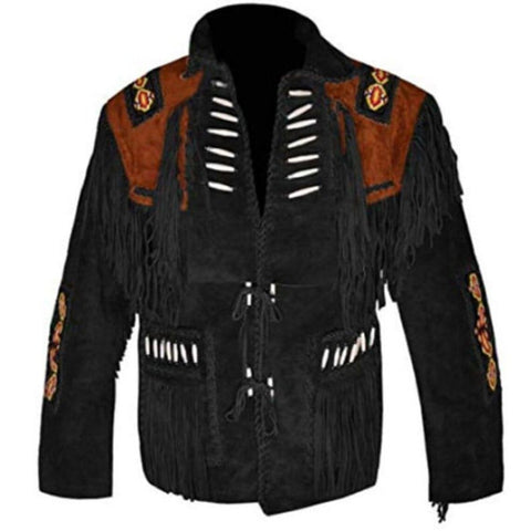 Ilhan Luxury Men’s Black Suede Fringe Jacket Western Cowboy Native American Style Coat with Embroidery and Bone Bead