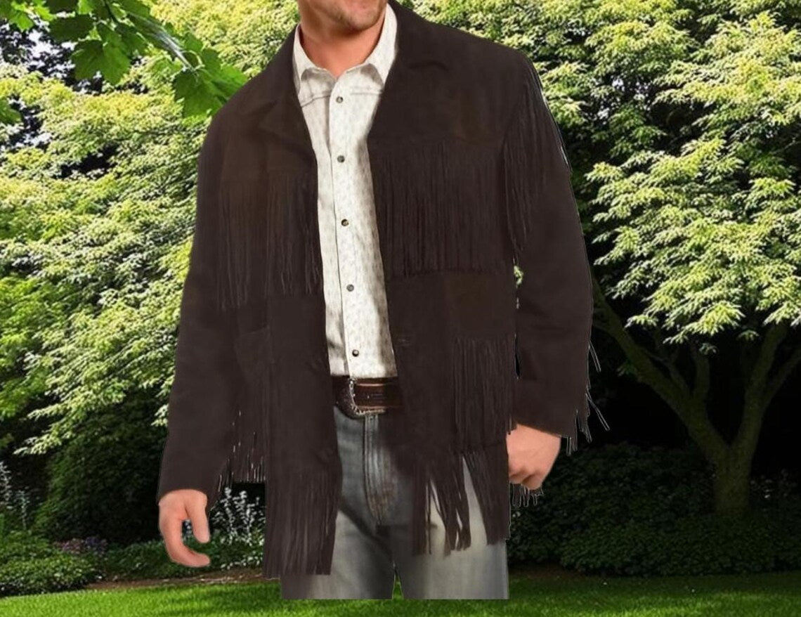 ILHAN LUXURY Men’s Black Suede Fringe Jacket – Western Cowboy Leather Coat • Handmade Vintage Style with Long Fringes • Rodeo & Festival Wear