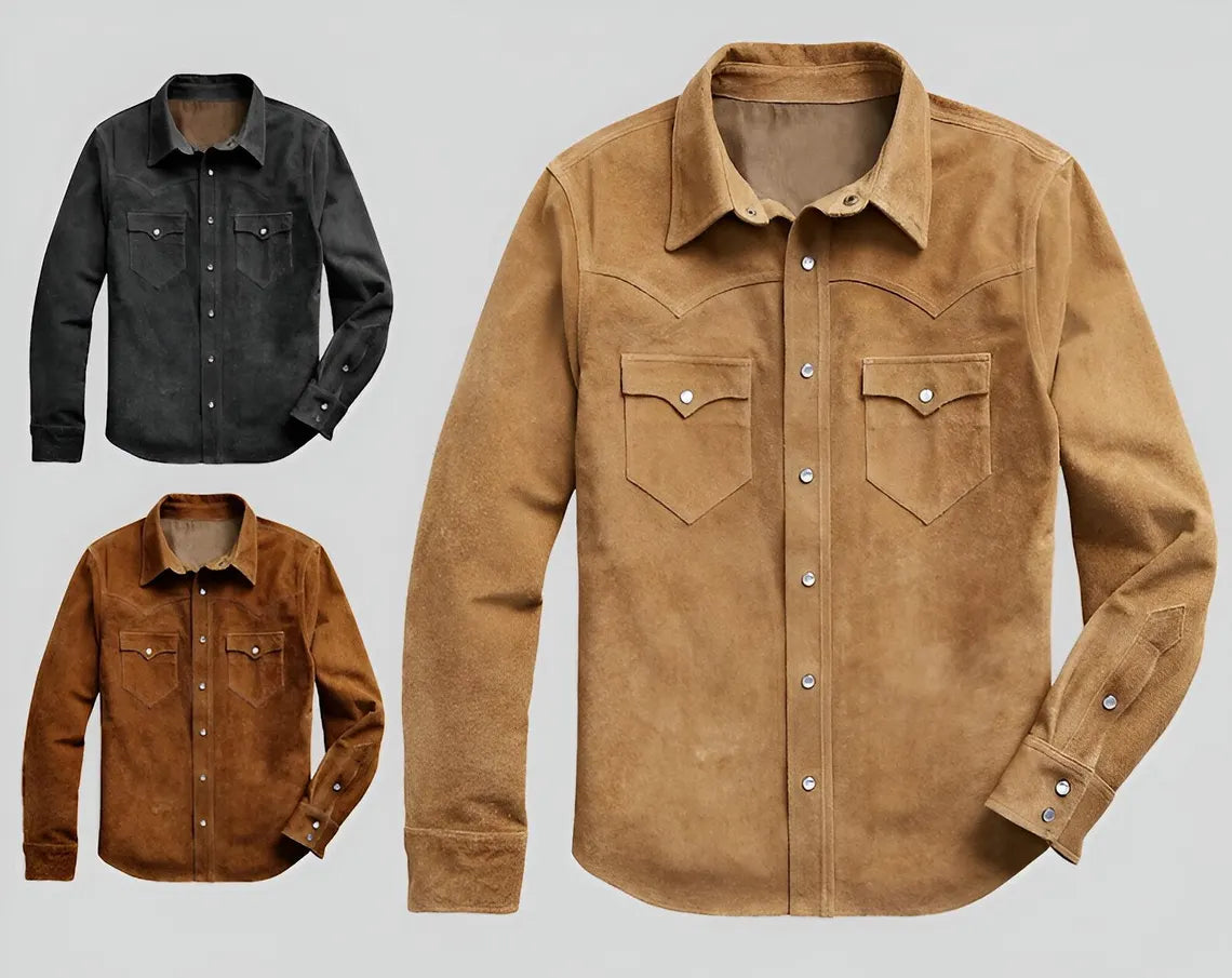 Men’s Suede Western Snap Shirt | Cowboy Leather Shirt | Rodeo Outfit Gift | Gift for Dad | Black, Tan, Rust | Country Western Wear