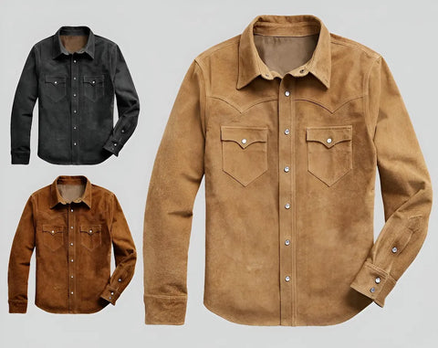 Men’s Suede Western Snap Shirt | Cowboy Leather Shirt | Rodeo Outfit Gift | Gift for Dad | Black, Tan, Rust | Country Western Wear