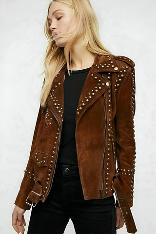 Ilhan Luxury Women’s Dark Brown Suede Studded Biker Jacket Boho Festival Leather Coat with Zipper and Buckle Details