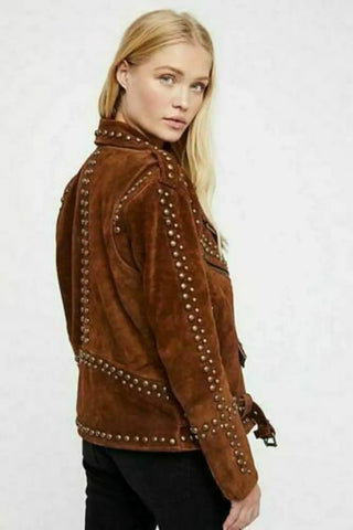 Ilhan Luxury Women’s Dark Brown Suede Studded Biker Jacket Boho Festival Leather Coat with Zipper and Buckle Details