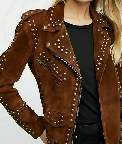 Ilhan Luxury Women’s Dark Brown Suede Studded Biker Jacket Boho Festival Leather Coat with Zipper and Buckle Details