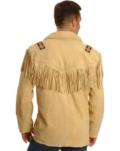 Men's Western Fringe Leather Jacket – Native American Style Cowboy Suede Coat with Beads & Bone Accents – Tan