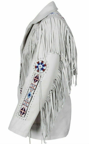 Mens White Suede Fringe Jacket Western Cowboy Beaded Native Style Leather Coat