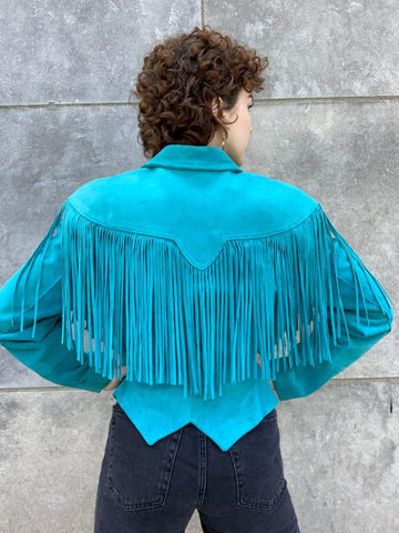 Vintage 80s Teal Suede Fringe Jacket Women | Boho Cowgirl Western Jacket | Retro Rodeo Turquoise Fringe Coat | Festival Outerwear | Southwest Style