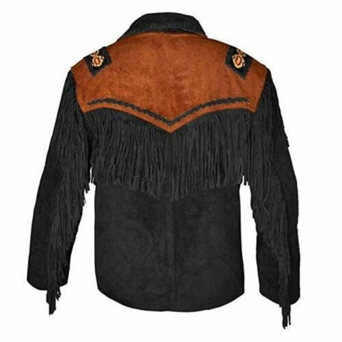 Ilhan Luxury Men’s Black Suede Fringe Jacket Western Cowboy Native American Style Coat with Embroidery and Bone Bead