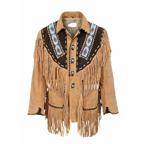 Bohemian Suede Fringe Jacket with Beaded Detailing – Light Beige Cowgirl Coat