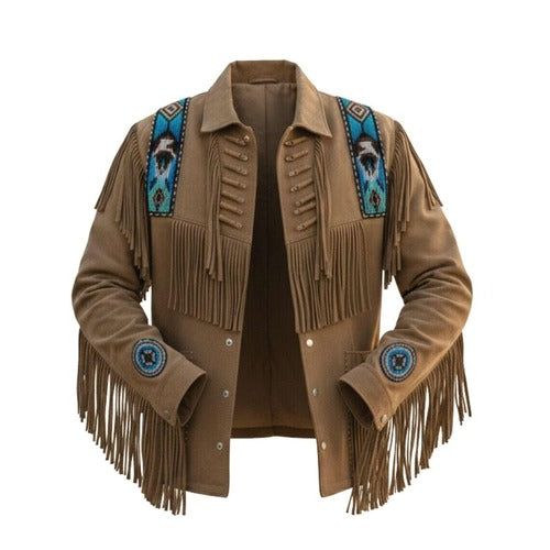 Mens Suede Fringe Jacket Western Cowboy Beaded Leather Coat Vintage Ethnic Style