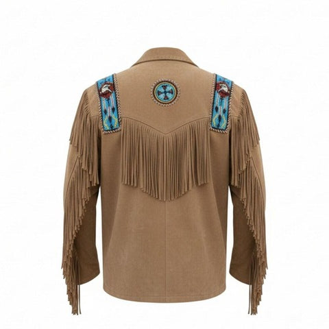 Mens Suede Fringe Jacket Western Cowboy Beaded Leather Coat Vintage Ethnic Style