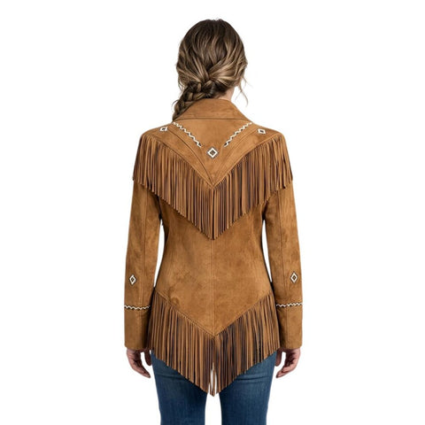 Women Western Suede Fringe Jacket Cowgirl Beaded Leather Coat Snap Button