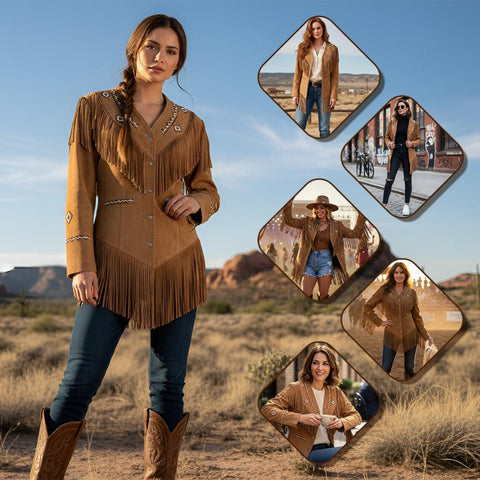 Women Western Suede Fringe Jacket Cowgirl Beaded Leather Coat Snap Button