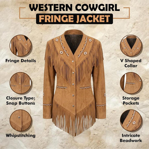 Women Western Suede Fringe Jacket Cowgirl Beaded Leather Coat Snap Button