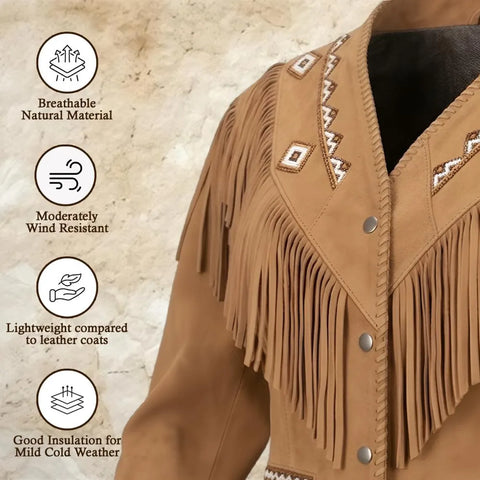 Women Western Suede Fringe Jacket Cowgirl Beaded Leather Coat Snap Button
