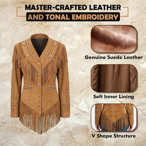 Women Western Suede Fringe Jacket Cowgirl Beaded Leather Coat Snap Button
