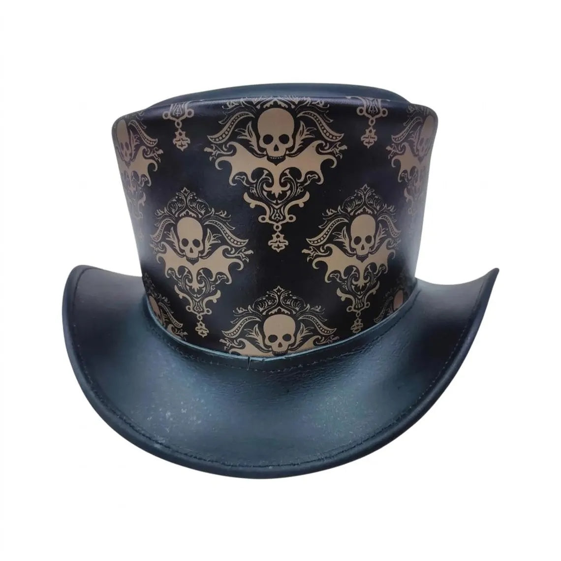 Mens Royal Skull Leather Top Hat Steampunk Gothic Engraved Damask Hat