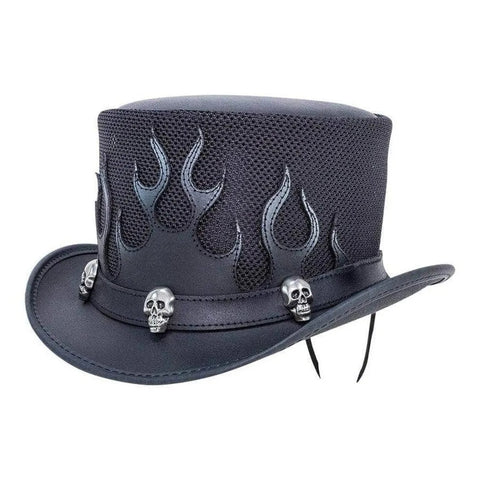 Black Mesh Leather Top Hat Flame Skull Gothic Biker Steampunk Festival Hat