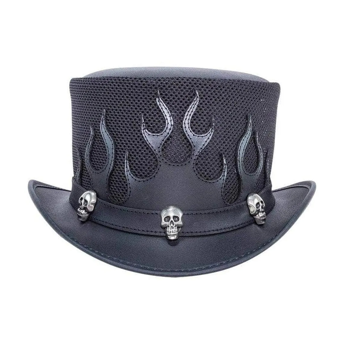 Black Mesh Leather Top Hat Flame Skull Gothic Biker Steampunk Festival Hat