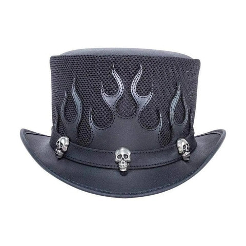 Black Mesh Leather Top Hat Flame Skull Gothic Biker Steampunk Festival Hat