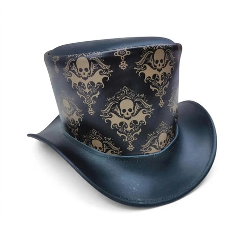 Mens Royal Skull Leather Top Hat Steampunk Gothic Engraved Damask Hat