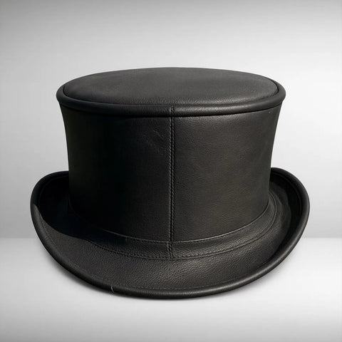 ILHAN LUXURY Leather Top Hat – Handmade Black Grid Gothic Hat with Studs