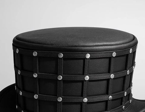 ILHAN LUXURY Leather Top Hat – Handmade Black Grid Gothic Hat with Studs