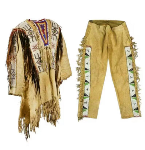 Premium Suede Frontier Outfit  Two Piece Western Fringe Shirt and Pants Set with Handmade Native Beaded Panels