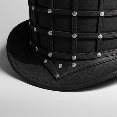 ILHAN LUXURY Leather Top Hat – Handmade Black Grid Gothic Hat with Studs