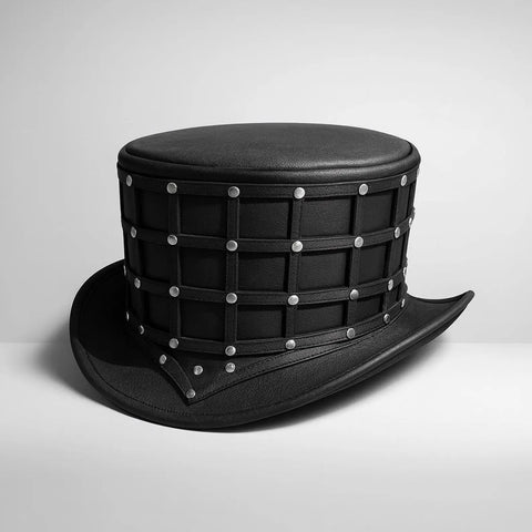 ILHAN LUXURY Leather Top Hat – Handmade Black Grid Gothic Hat with Studs