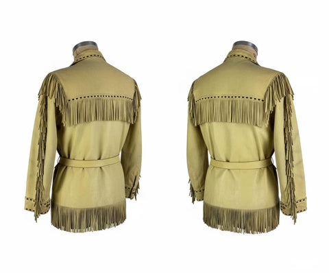 Women’s Suede Western Jacket  Genuine Leather Belted Fringe Coat with Whipstitch Detailing and Full Zip Front