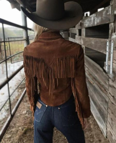 Vintage Western Fringe Suede Jacket – Cowgirl Style Button-Up Brown Suede Coat with Long Sleeve Tassel Detail | Retro Rodeo Americana Outfit