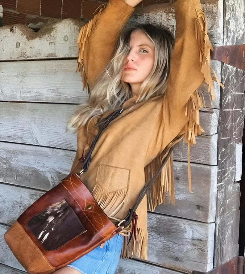 Handcrafted Western Fringe Suede Jacket with Boho Cowhide Leather | Vintage-Inspired Rodeo Cowgirl Outfit | Rustic Country Fashion