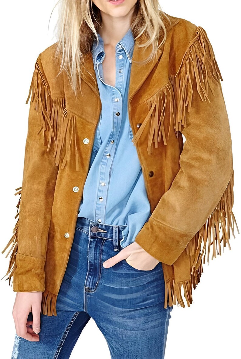 Women’s Western Suede Fringe Jacket – Boho Cowgirl Style – Vintage Look Brown Faux Suede Coat