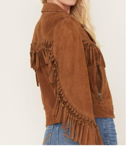 Brown Suede Fringe Biker Jacket – Western Moto-Style Cowgirl Jacket – Faux Suede Festival Coat