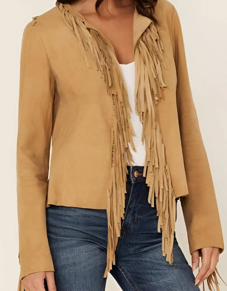 Brown Fringed Suede Leather Jacket for Women – Western Boho Tassel Detailing – Soft Suede Outerwear for Casual Fall &amp; Winter Wear