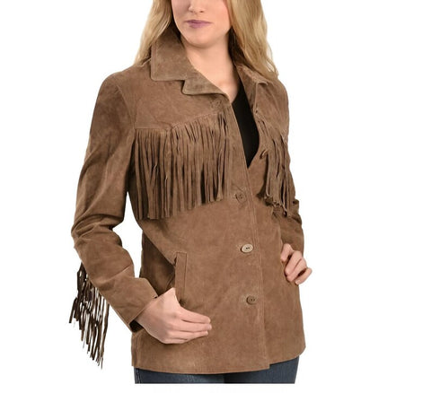 Brown Suede Fringe Jacket for Women - Vintage Western Boho Outerwear with Fringed Detailing