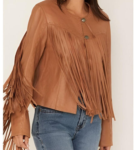 Tan Leather Fringe Jacket for Women - Vintage Boho Chic Outerwear with Fringed Detail