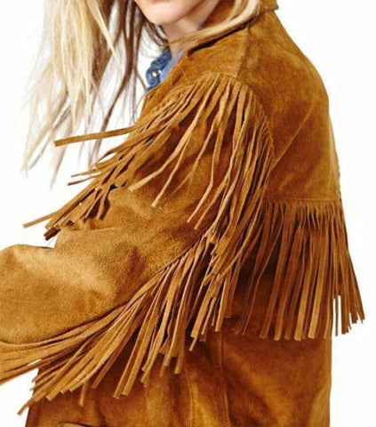 Women’s Western Suede Fringe Jacket – Boho Cowgirl Style – Vintage Look Brown Faux Suede Coat