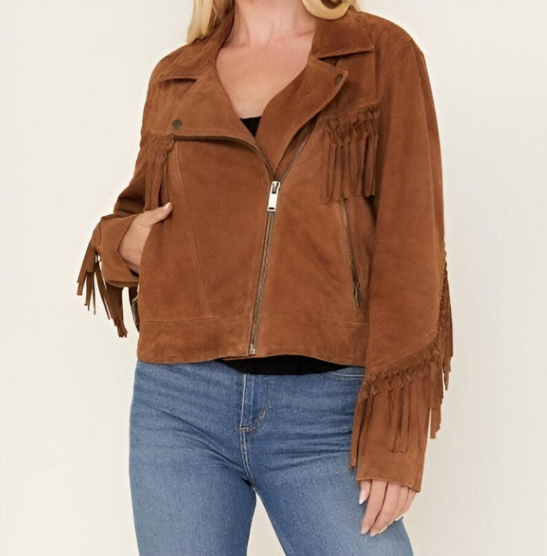 Brown Suede Fringe Biker Jacket – Western Moto-Style Cowgirl Jacket – Faux Suede Festival Coat