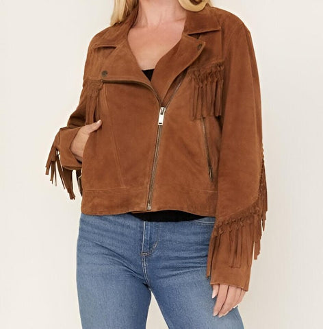 Brown Suede Fringe Biker Jacket – Western Moto-Style Cowgirl Jacket – Faux Suede Festival Coat