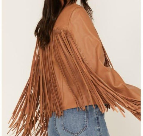 Tan Leather Fringe Jacket for Women - Vintage Boho Chic Outerwear with Fringed Detail